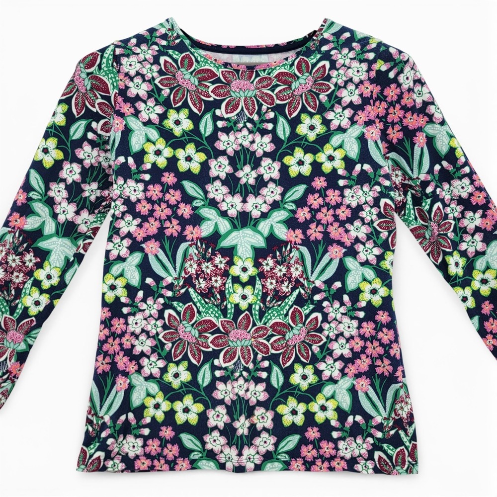 Talbots Womens XS Floral Print Top Cotton‎ Stretch Long Sleeve Navy Pink